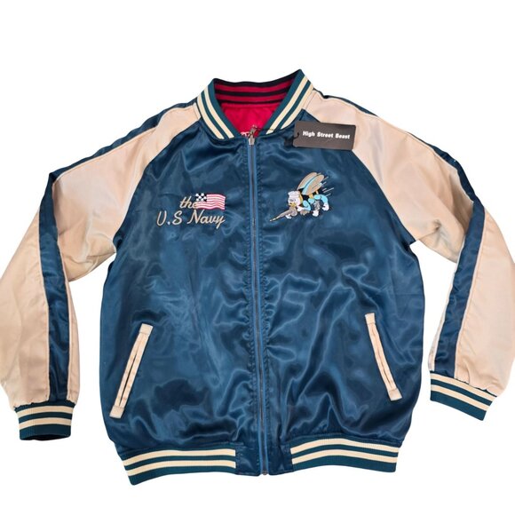 Reversible Satin Bomber Jacket U.S. Navy Seabees Embroidery & Cranes Design M - Picture 16 of 16